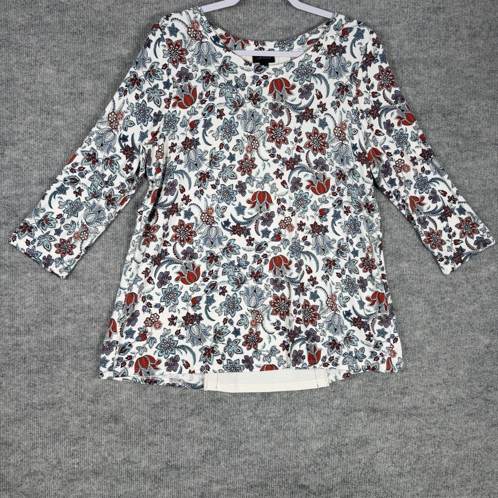 J Jill Wearever Size-M Women Top Blue Floral Back Pleated Relaxed Swing
